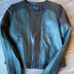 Theory green and black leather jacket.